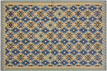 Flat Weave Kilim, Antique, Navaho, Vintage, Handmade, Modern Kilim Beige Blue Hand-Woven Rectangle 100% Wool Area Rug 7 x 10
